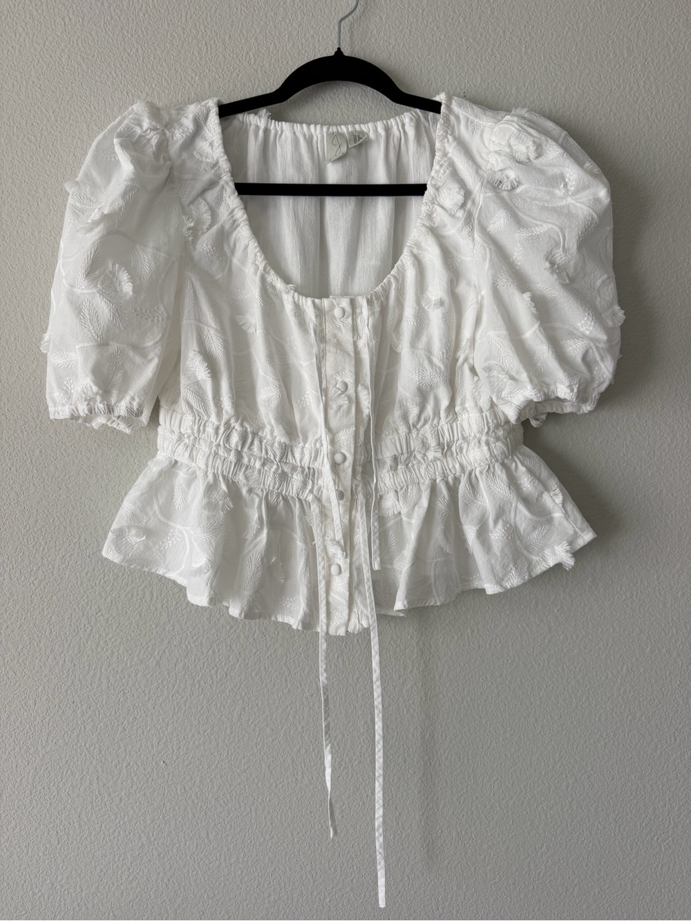 Joie White Puff-Sleeve Peplum Button-Front Top